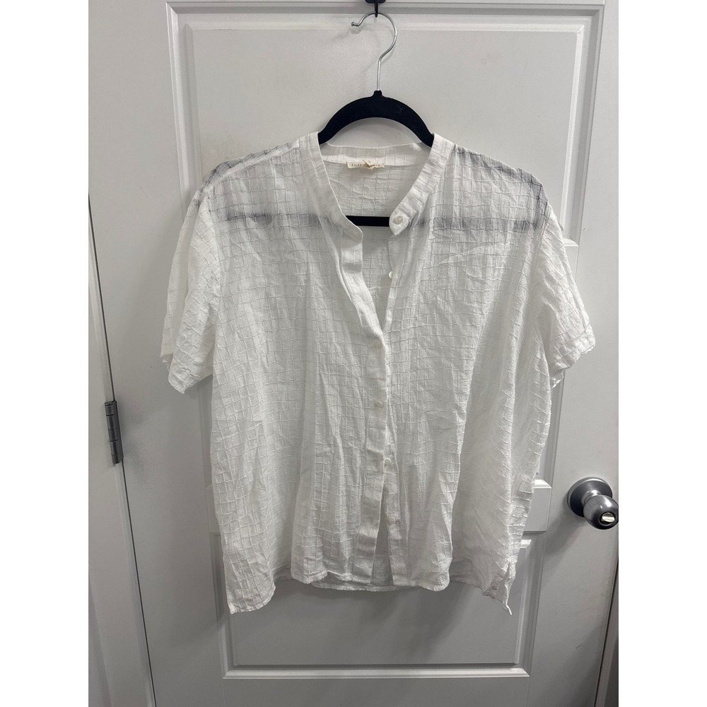 Eileen Fisher White Organic Cotton Puckered Grid Mandarin Collar Blouse L